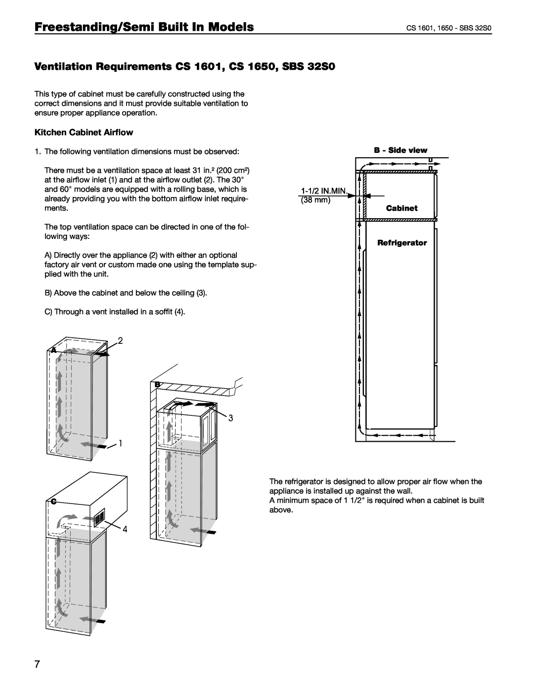 Liebherr 36 Ventilation Requirements CS 1601, CS 1650, SBS 32S0, Freestanding/Semi Built In Models, Kitchen Cabinet Airﬂow 