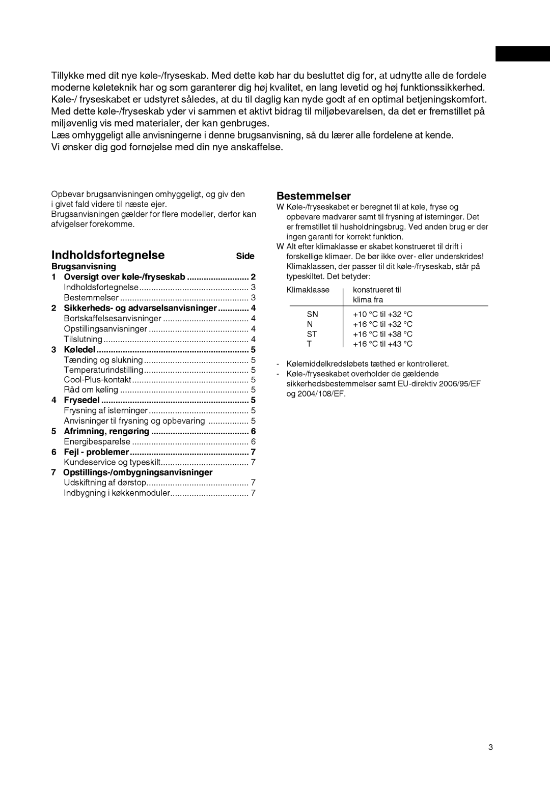 Liebherr 7061 929-01 manual Indholdsfortegnelse, Bestemmelser, Side, Udskiftning af dørstop Indbygning i køkkenmoduler 