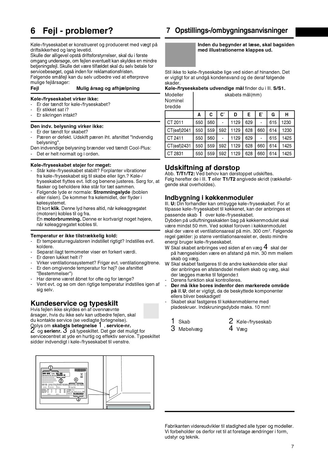 Liebherr 7061 929-01 manual Fejl problemer?, Kundeservice og typeskilt, Udskiftning af dørstop, Indbygning i køkkenmoduler 