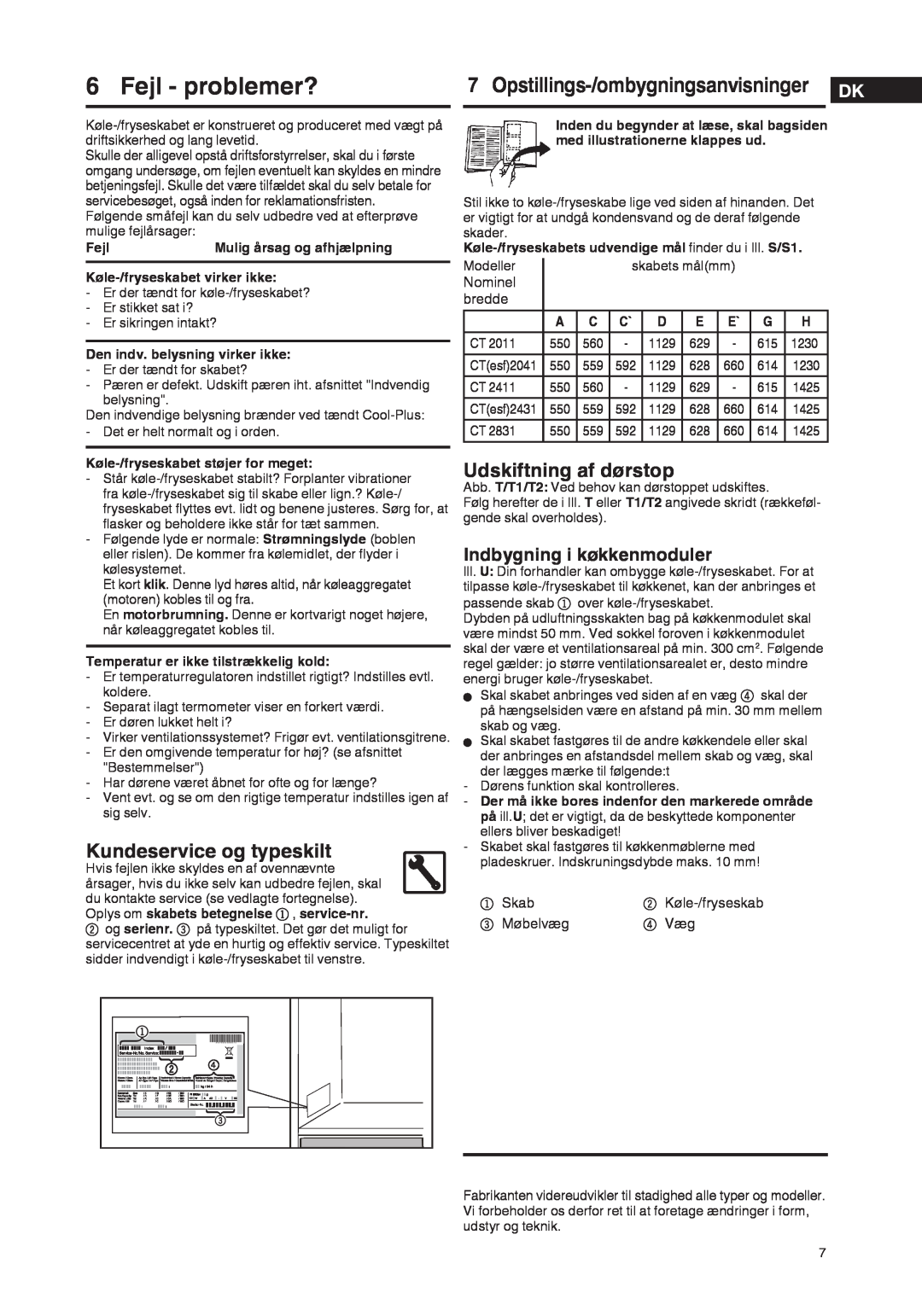 Liebherr 7061 929-01 Fejl - problemer?, Kundeservice og typeskilt, Udskiftning af dørstop, Indbygning i køkkenmoduler 