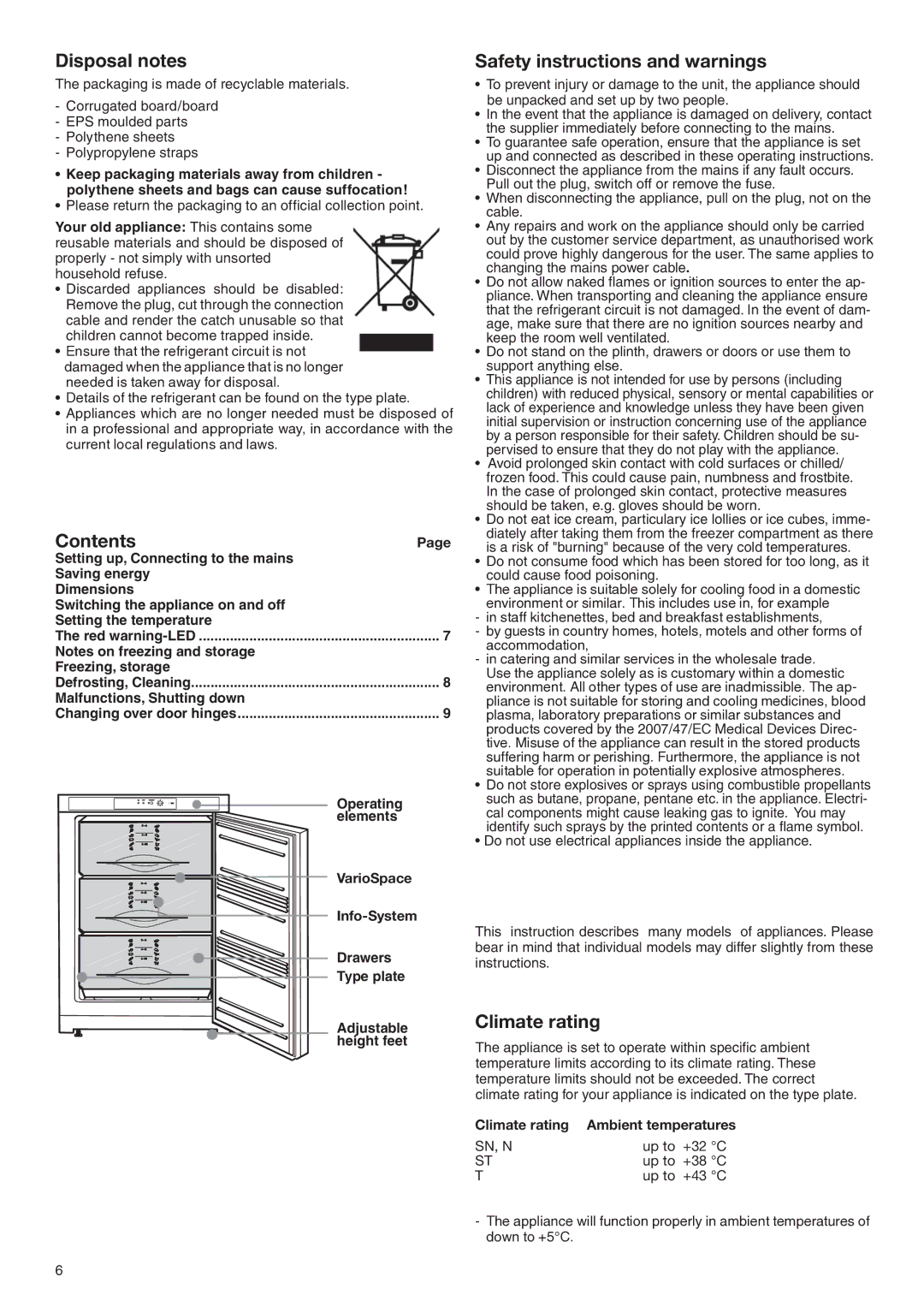 Liebherr 7080 904-00 manual Disposal notes, Contents, Safety instructions and warnings, Climate rating 