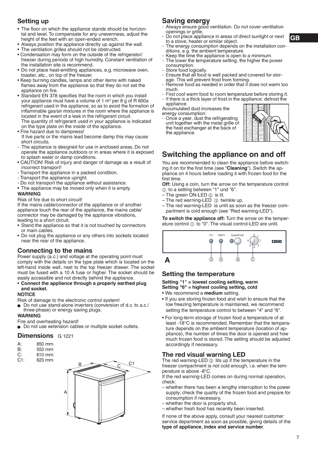 Liebherr 7080 904-00 Setting up, Connecting to the mains, Dimensions G, Setting the temperature, Red visual warning LED 