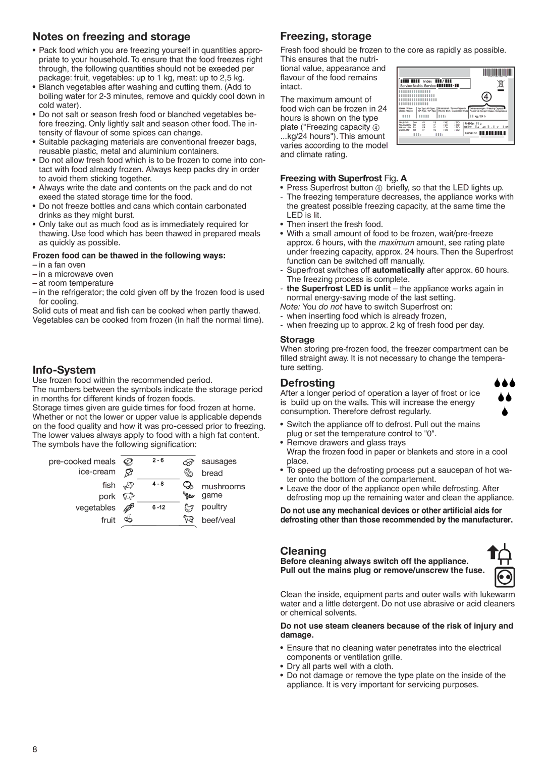 Liebherr 7080 904-00 manual Info-System, Freezing, storage, Defrosting, Cleaning 