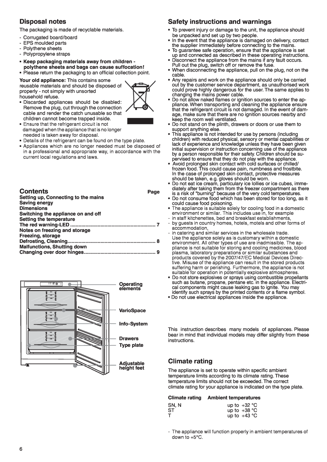 Liebherr 7080 904-00 manual Disposal notes, Contents, Safety instructions and warnings, Climate rating, Drawers 