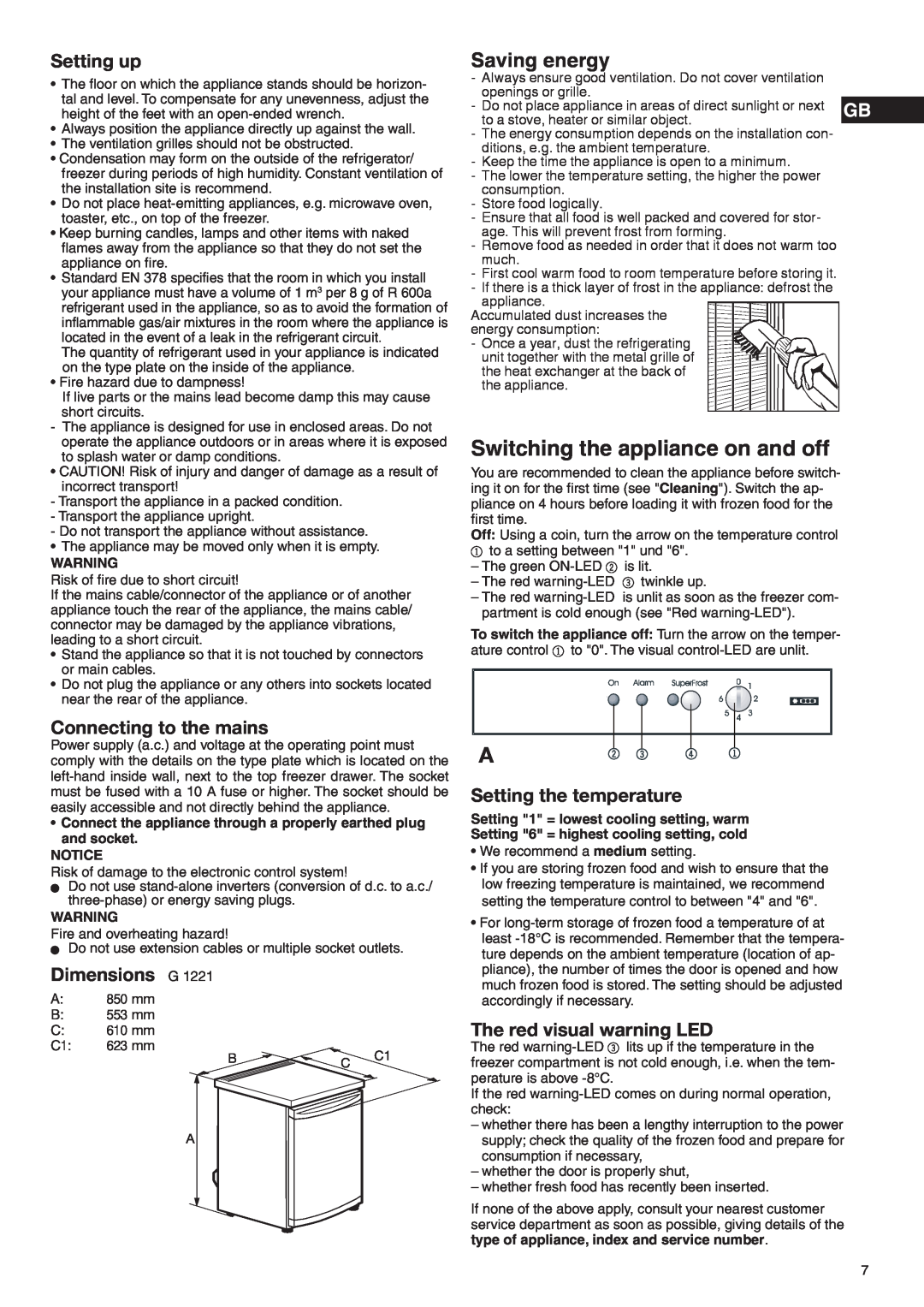 Liebherr 7080 904-00 manual Saving energy, Setting up, Connecting to the mains, Dimensions G, Setting the temperature 