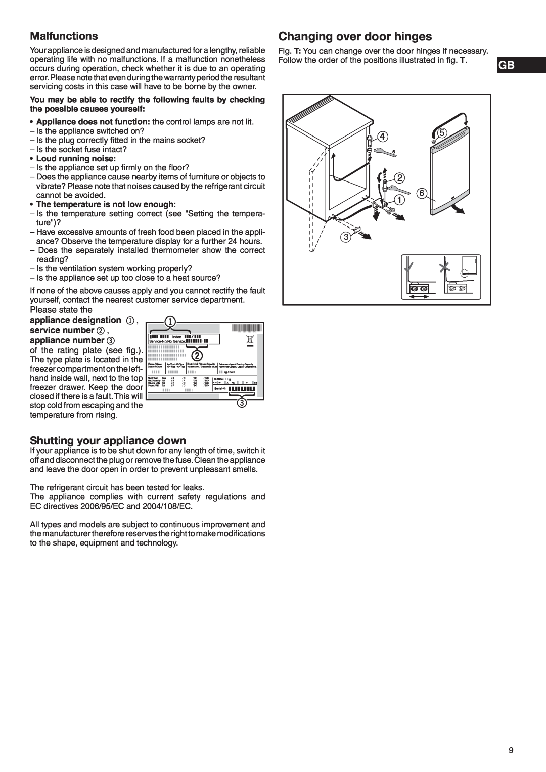 Liebherr 7080 904-00 manual Changing over door hinges, Malfunctions, Shutting your appliance down, Please state the 