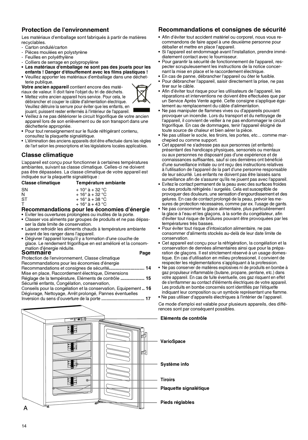 Liebherr 7080 920-00 Protection de lenvironnement, Classe climatique, Sommaire, Recommandations et consignes de sécurité 