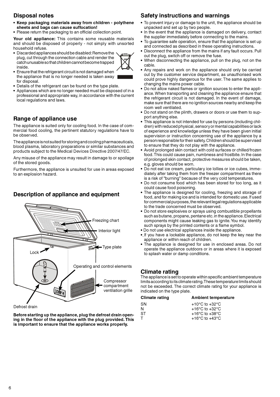 Liebherr 7081 157-00 manual Disposal notes, Range of appliance use, Description of appliance and equipment, Climate rating 