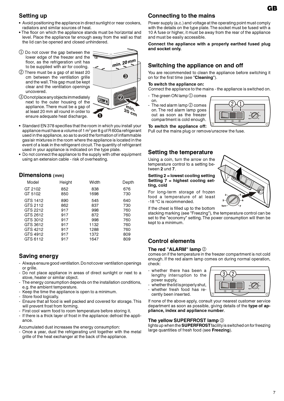 Liebherr 7081 157-00 Setting up, Dimensions mm, Saving energy, Connecting to the mains, Switching the appliance on and off 