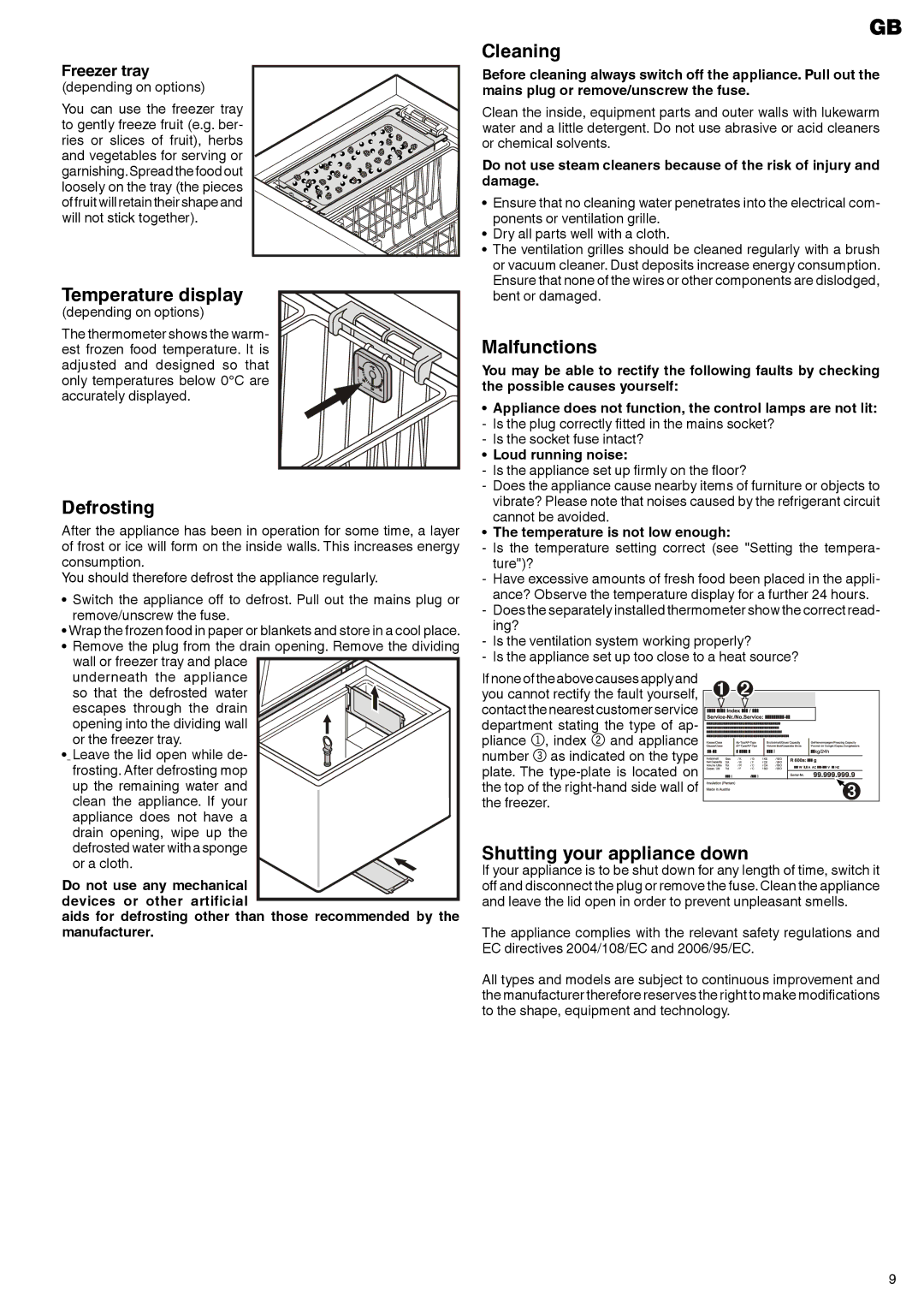 Liebherr 7081 157-00 manual Temperature display, Defrosting, Cleaning, Malfunctions, Shutting your appliance down 