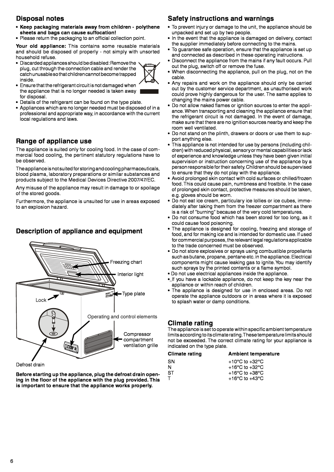 Liebherr 7081 157-00 manual Disposal notes, Range of appliance use, Description of appliance and equipment, Climate rating 