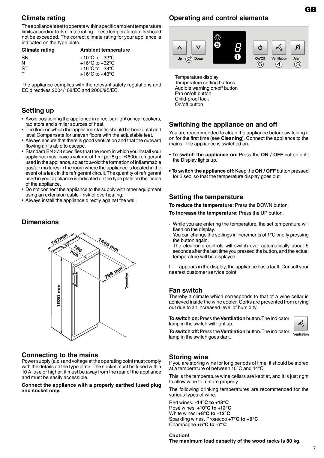 Liebherr 7081 203-00 manual Climate rating, Setting up, Dimensions Connecting to the mains, Operating and control elements 