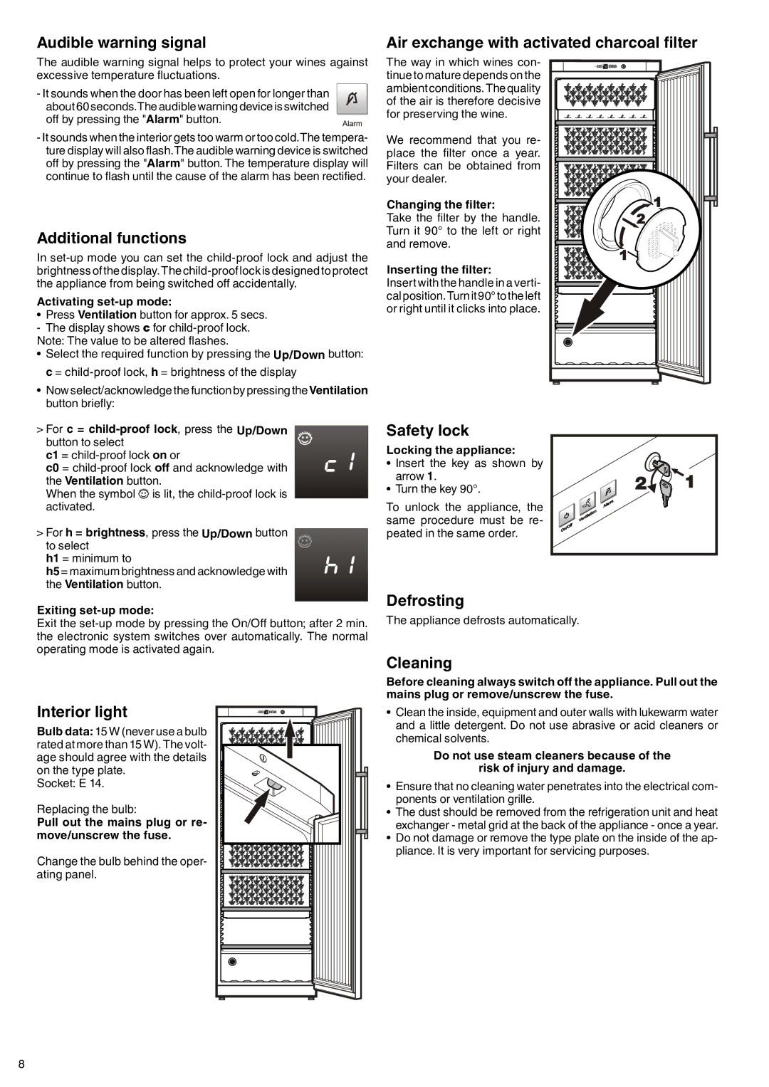 Liebherr 7081 203-00 manual Additional functions, Interior light, Safety lock, Defrosting, Cleaning 