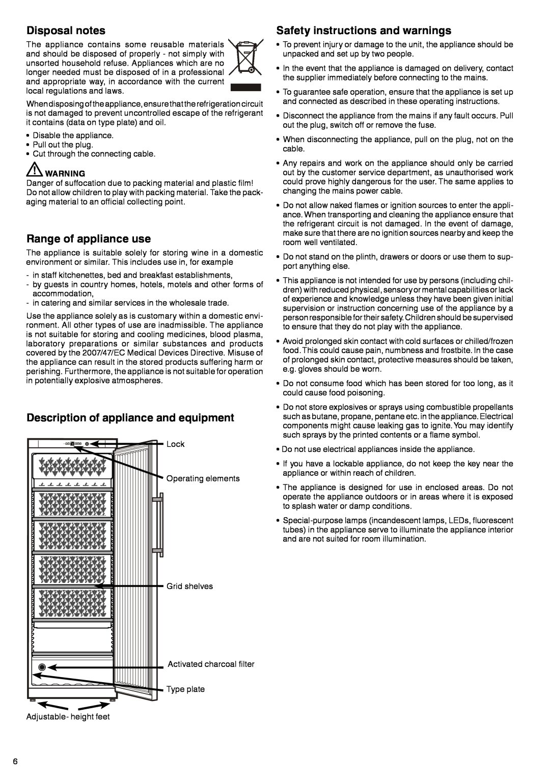 Liebherr 7081 203-00 manual Disposal notes, Range of appliance use, Description of appliance and equipment 