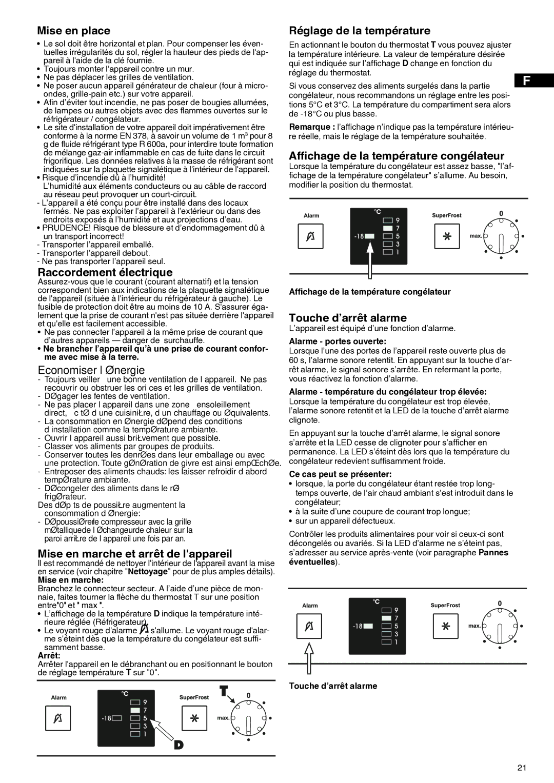 Liebherr 7081 885-01 Mise en place, Raccordement électrique, Mise en marche et arrêt de lappareil, Touche d’arrêt alarme 