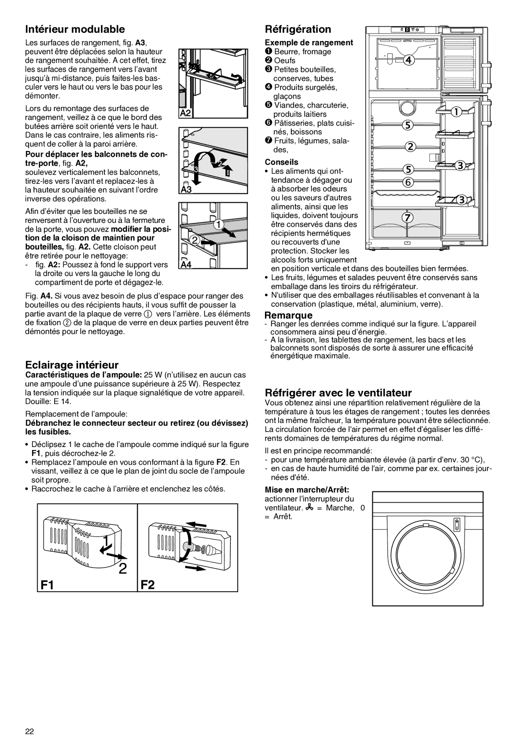 Liebherr 7081 885-01 manual Intérieur modulable, Eclairage intérieur, Réfrigération, Réfrigérer avec le ventilateur 