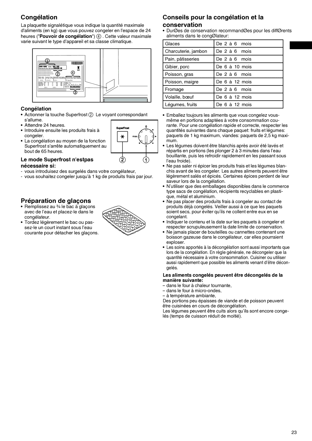 Liebherr 7081 885-01 manual Congélation, Préparation de glaçons, Conseils pour la congélation et la conservation 