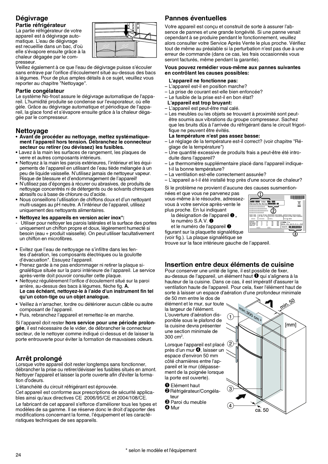 Liebherr 7081 885-01 Dégivrage, Nettoyage, Arrêt prolongé, Pannes éventuelles, Insertion entre deux éléments de cuisine 