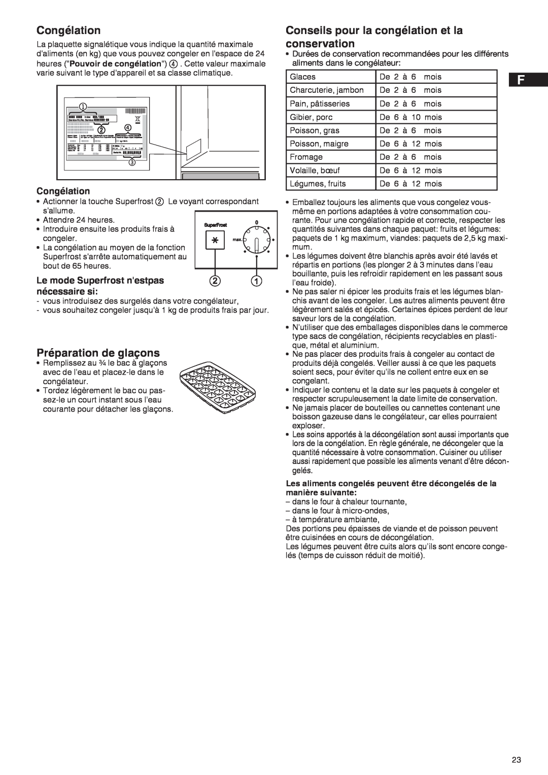 Liebherr 7081 885-01 manual Congélation, Préparation de glaçons, Conseils pour la congélation et la conservation 