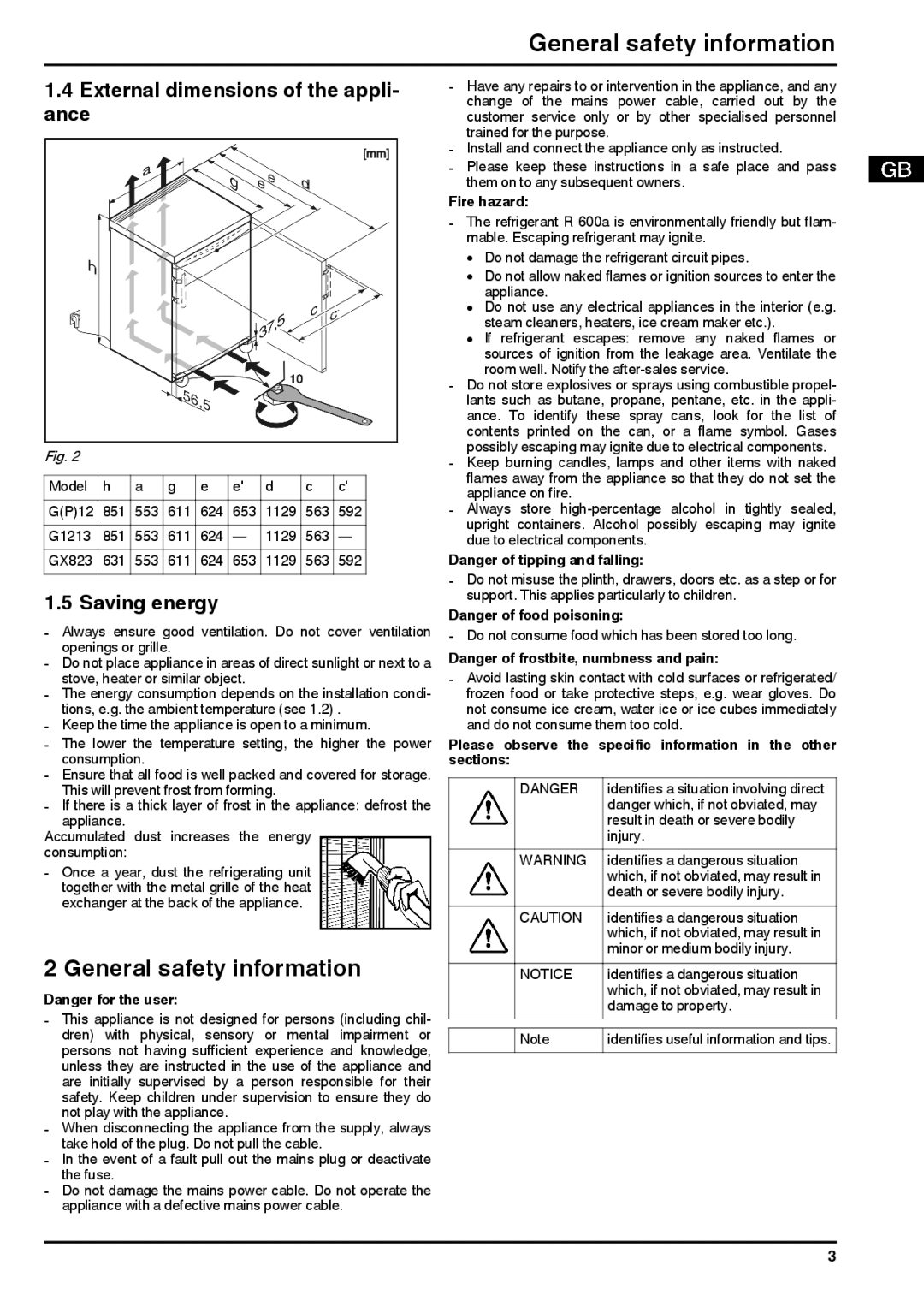 Liebherr 7081998-0 General safety information, External dimensions of the appli- ance, Saving energy, Fire hazard 