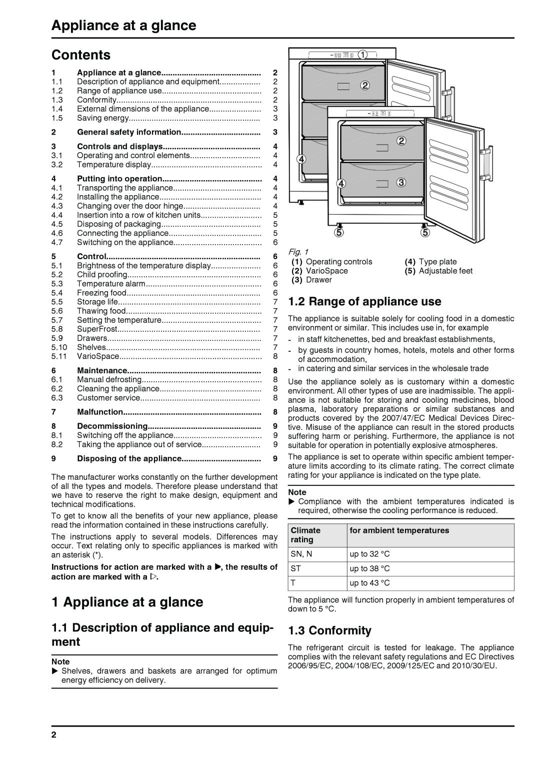 Liebherr 7081998-0 Appliance at a glance, Contents, 1.1Description of appliance and equip- ment, Range of appliance use 