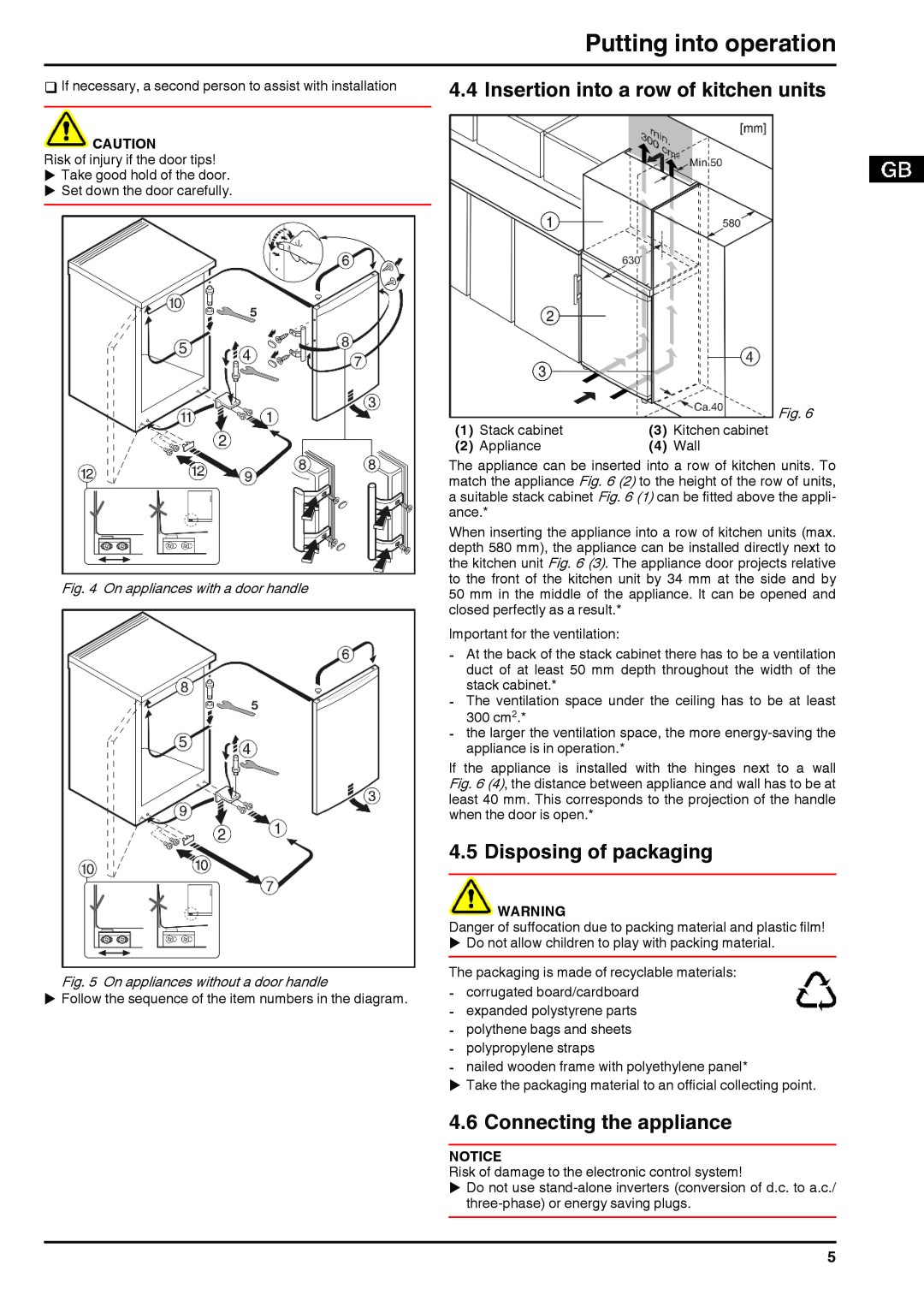 Liebherr 7081998-0 operating instructions Disposing of packaging, Connecting the appliance 