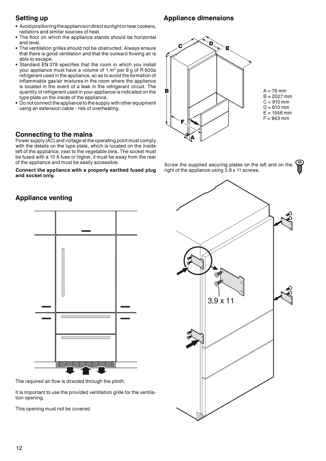 Liebherr 7082 133-00 manual Setting up, Connecting to the mains, Appliance venting, Appliance dimensions 