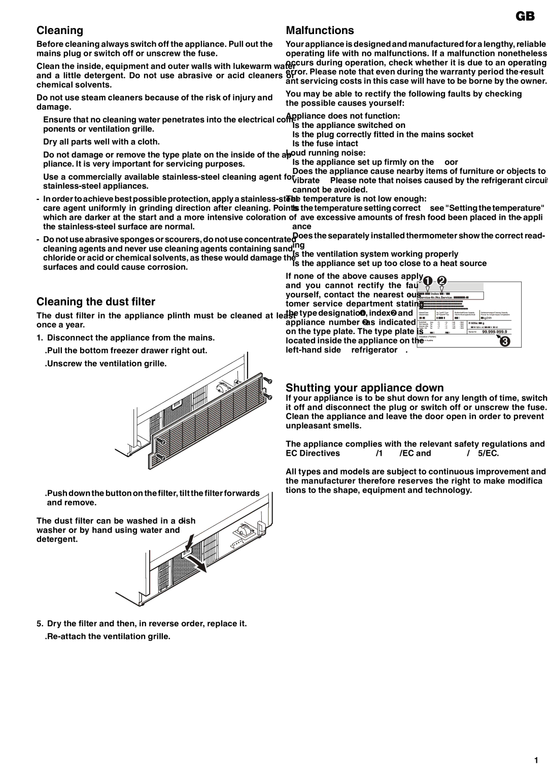 Liebherr 7082 135-00 manual Cleaning the dust filter, Malfunctions, Shutting your appliance down 