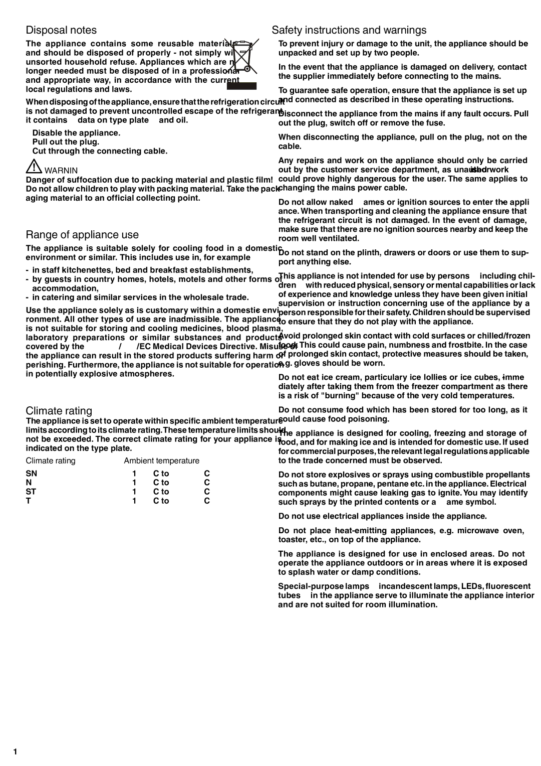 Liebherr 7082 135-00 manual Disposal notes, Range of appliance use, Climate rating, Safety instructions and warnings 