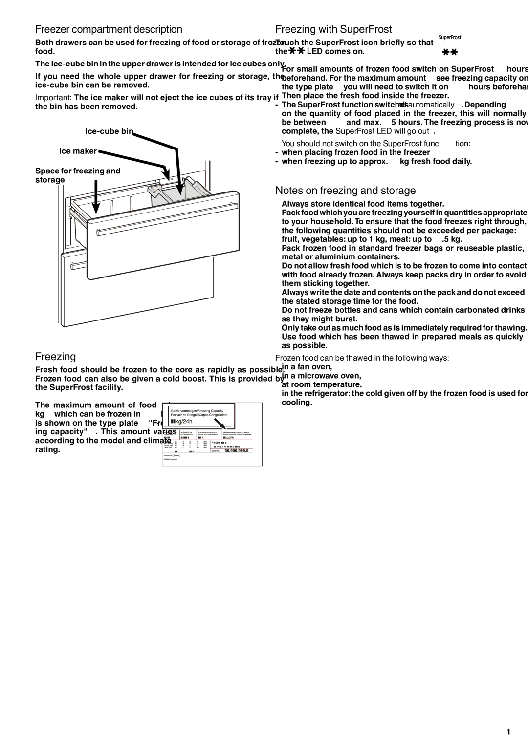 Liebherr 7082 135-00 manual Freezer compartment description, Freezing with SuperFrost 