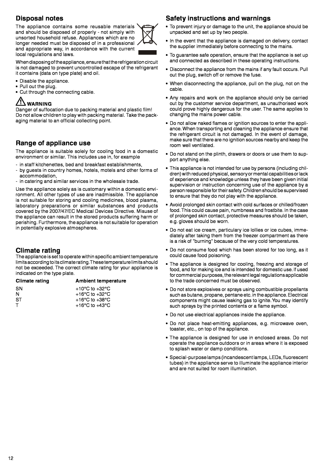 Liebherr 7082 135-00 manual Disposal notes, Range of appliance use, Climate rating, Safety instructions and warnings 