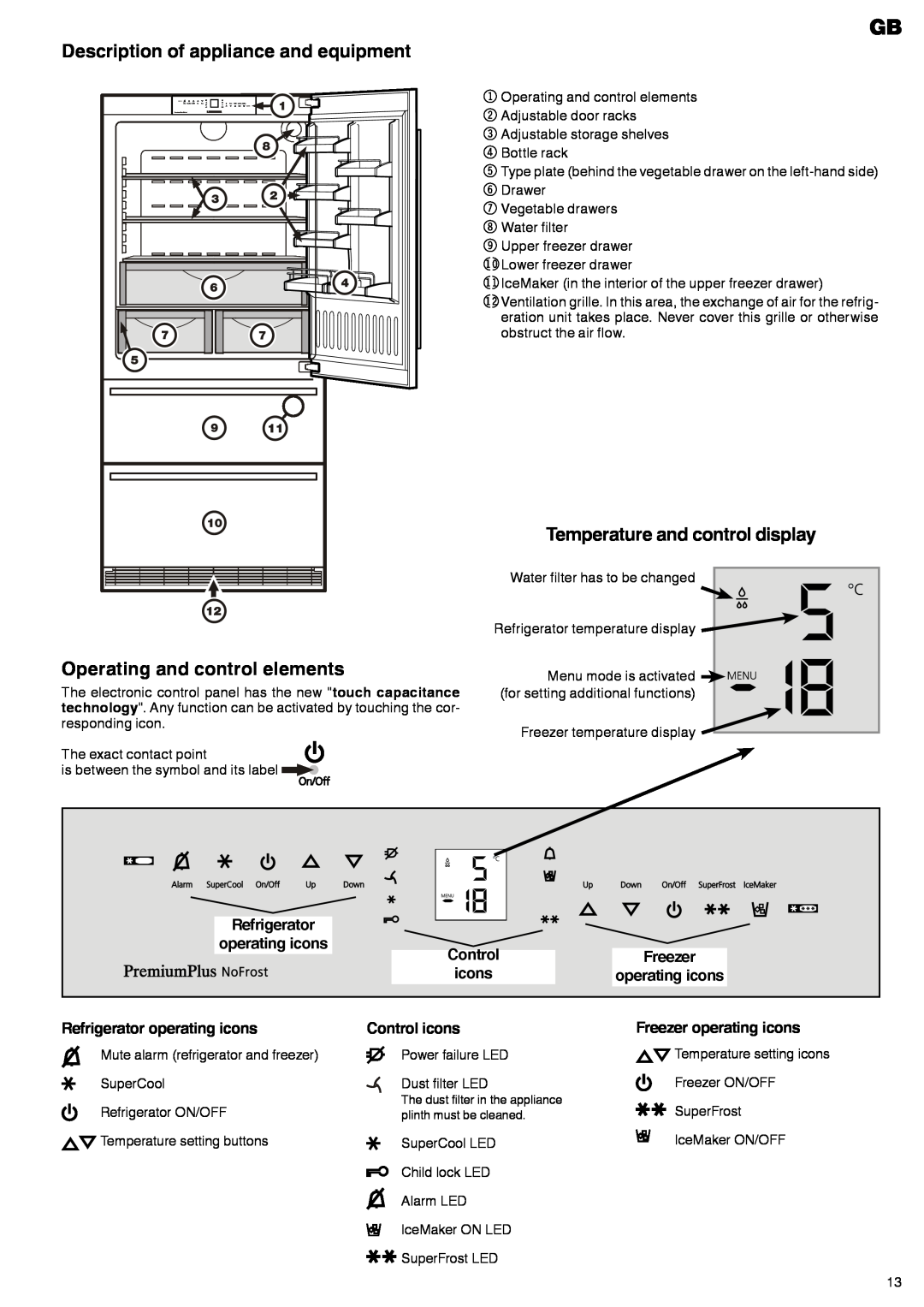 Liebherr 7082 135-00 Description of appliance and equipment Operating and control elements, Control icons, Freezer 