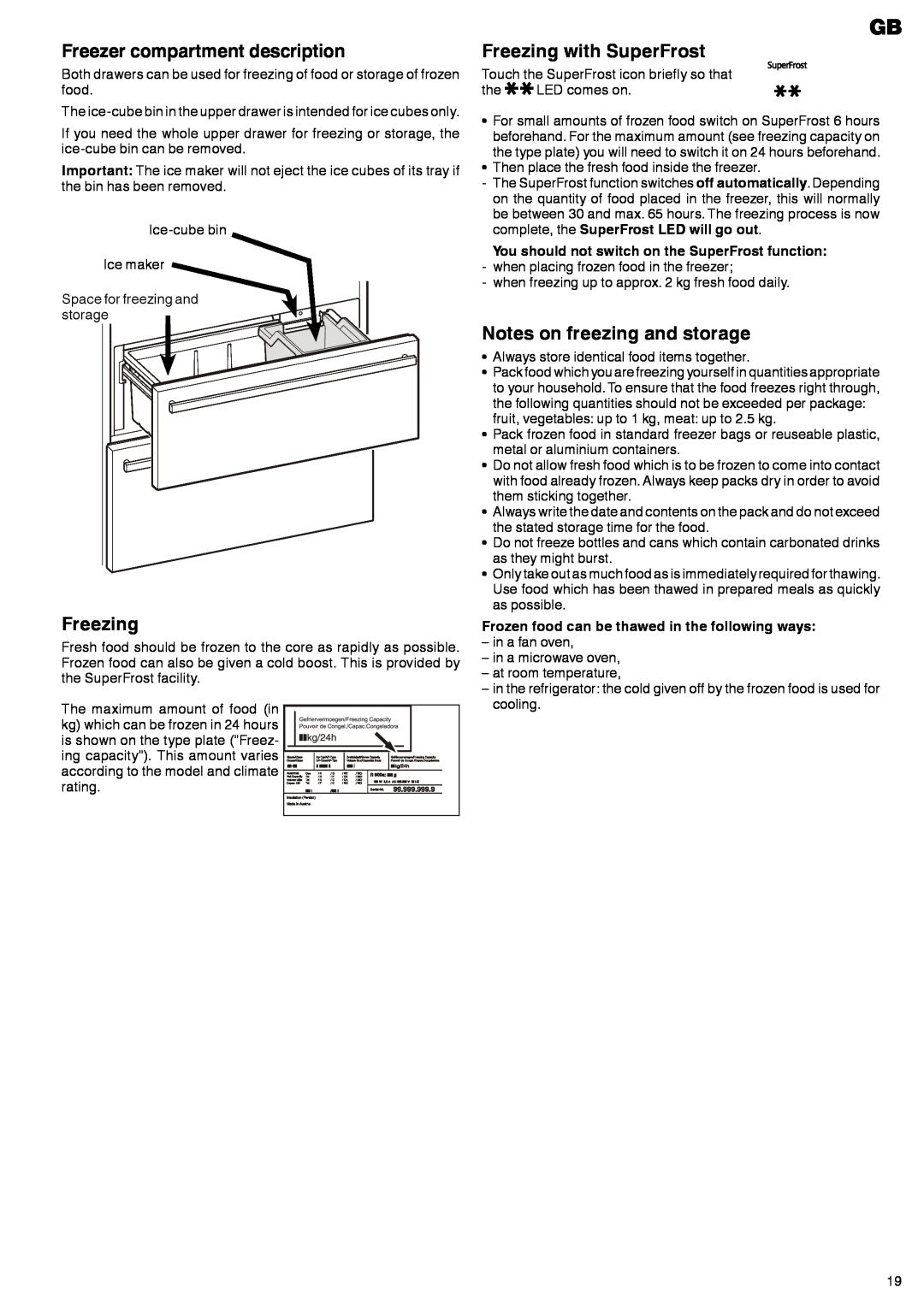 Liebherr 7082 135-00 manual Freezer compartment description, Freezing with SuperFrost, Notes on freezing and storage 