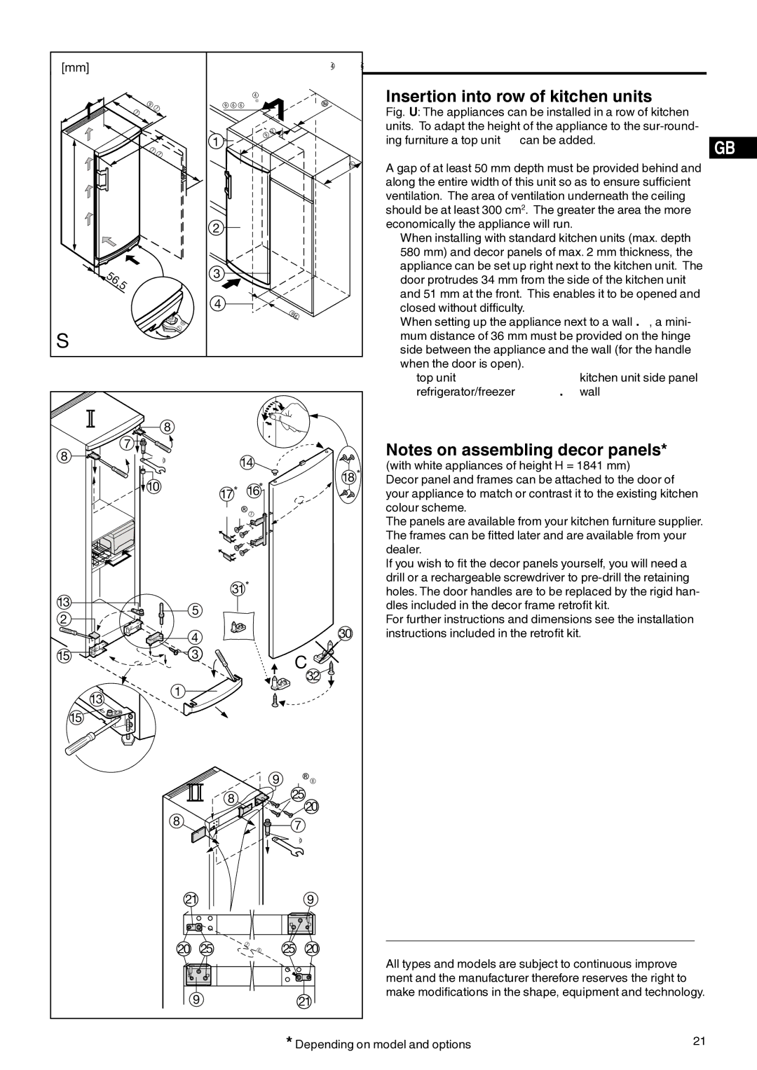 Liebherr 7082 212-02 manual Insertion into row of kitchen units, Fig. U The appliances can be installed in a row of kitchen 