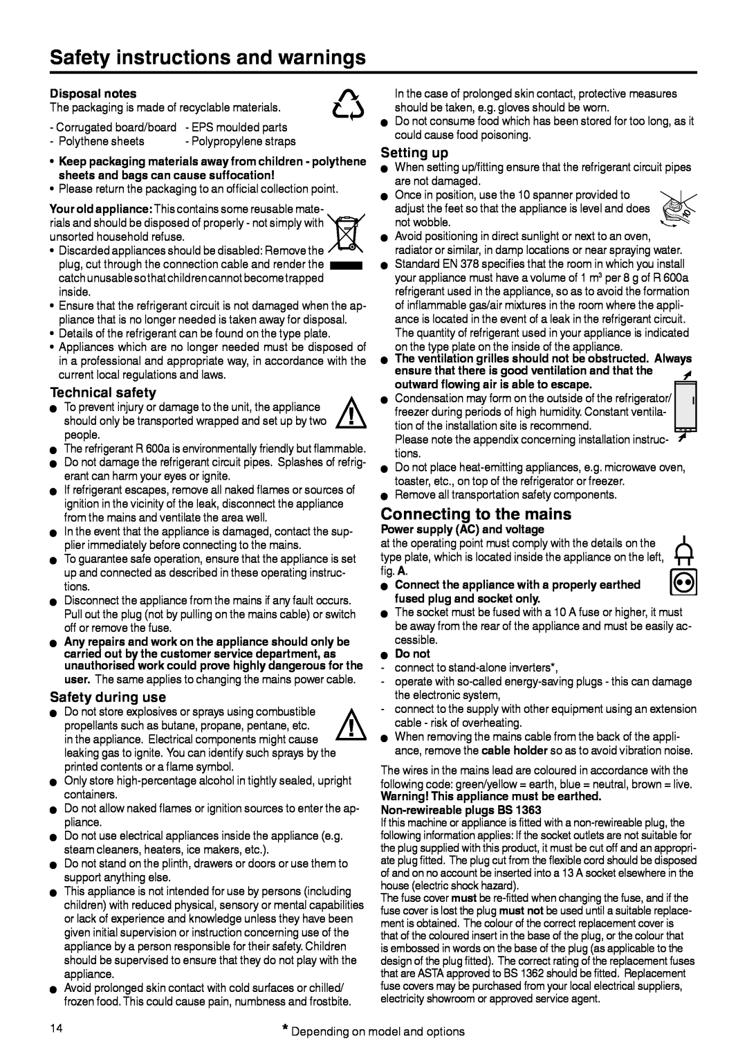 Liebherr 7082 212-02 manual Safety instructions and warnings, Connecting to the mains, Technical safety, Safety during use 