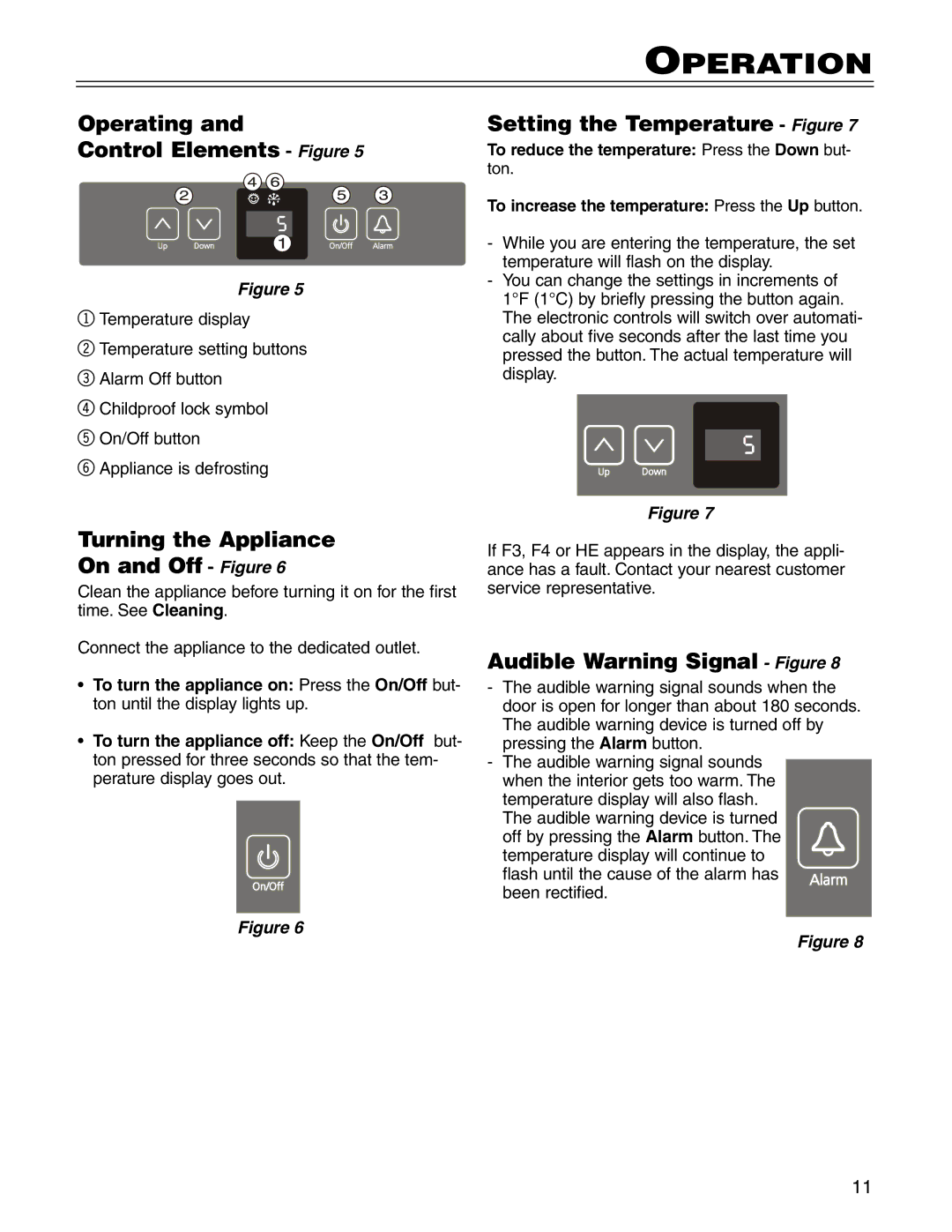 Liebherr 7082 213-00 manual Operation, Operating Control Elements Figure, Turning the Appliance On and Off Figure 