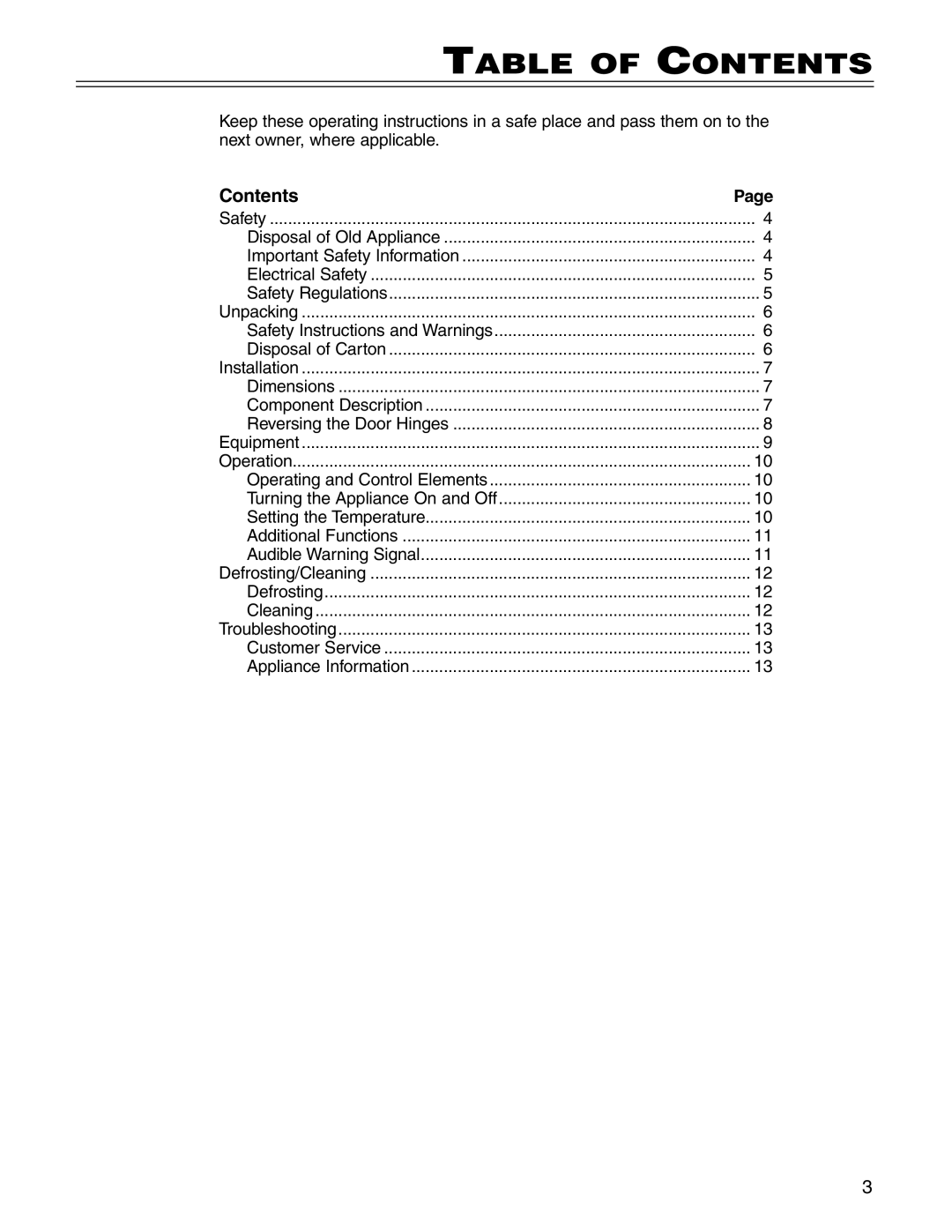 Liebherr 7082 213-00 manual Table of Contents 