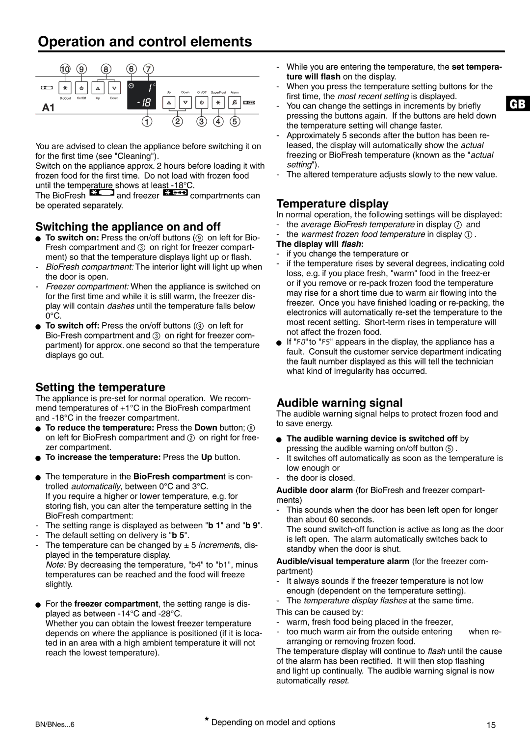 Liebherr 7082 218-03 manual Operation and control elements, Switching the appliance on and off, Setting the temperature 