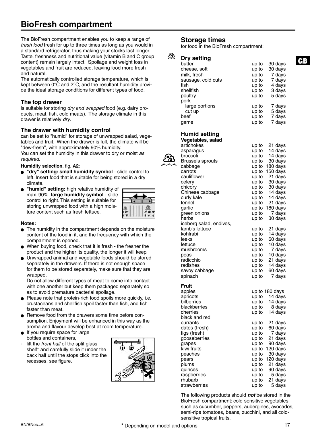 Liebherr 7082 218-03 manual BioFresh compartment, Storage times 