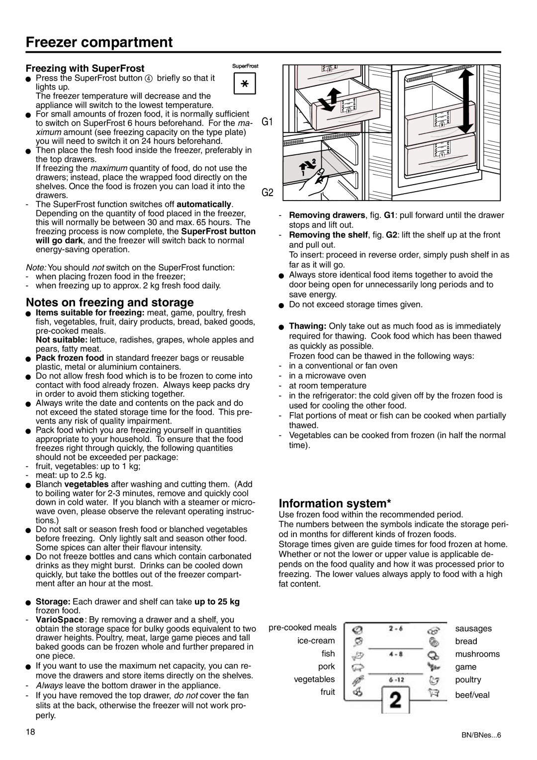 Liebherr 7082 218-03 manual Freezer compartment, Information system, Freezing with SuperFrost 