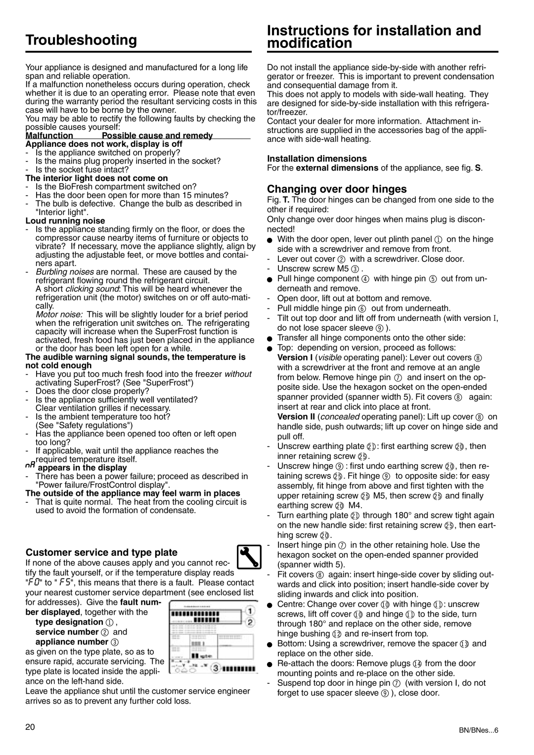 Liebherr 7082 218-03 manual Troubleshooting, Instructions for installation and modiﬁcation, Customer service and type plate 