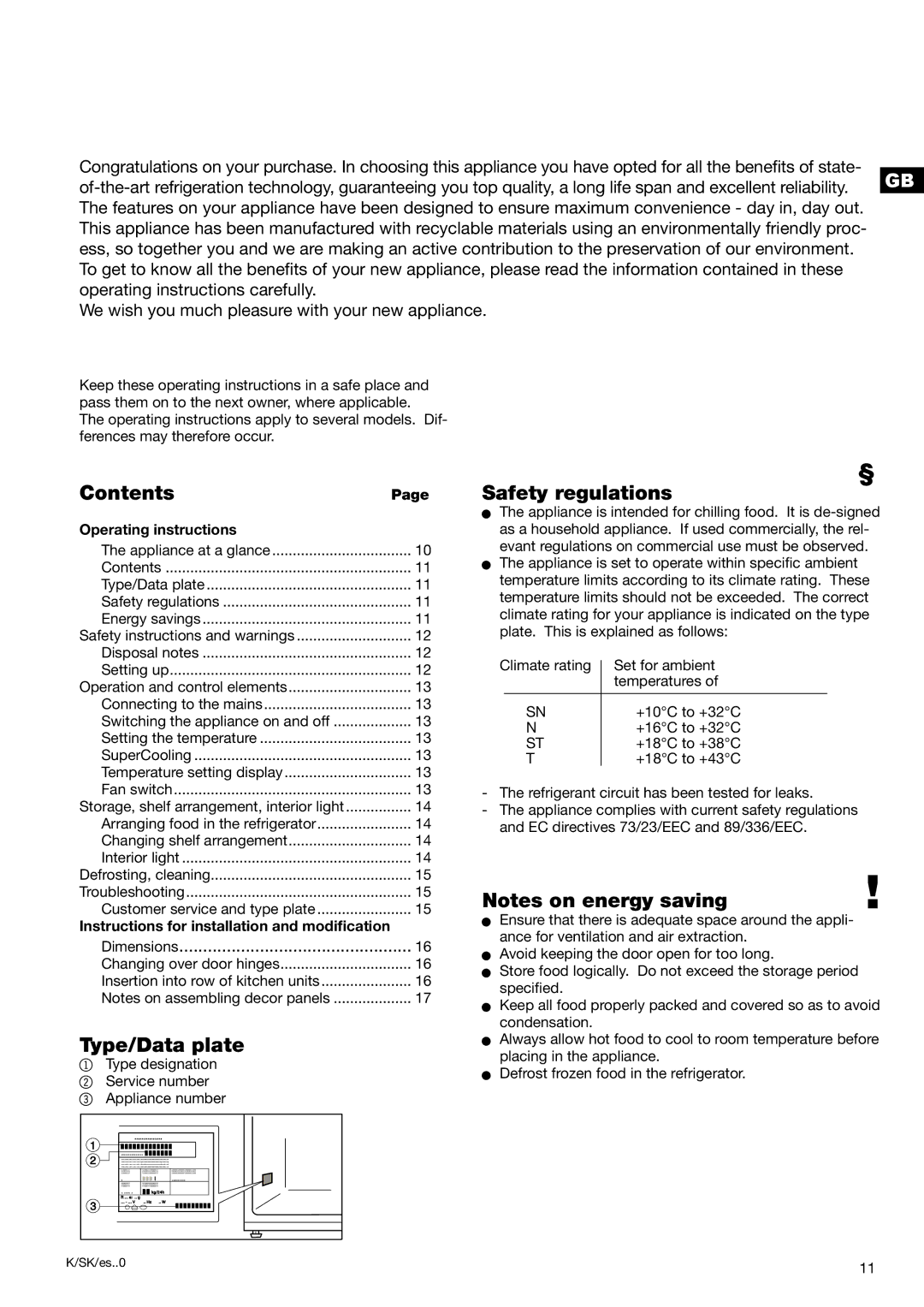 Liebherr 7082 218-03 manual Contents Safety regulations, Type/Data plate 