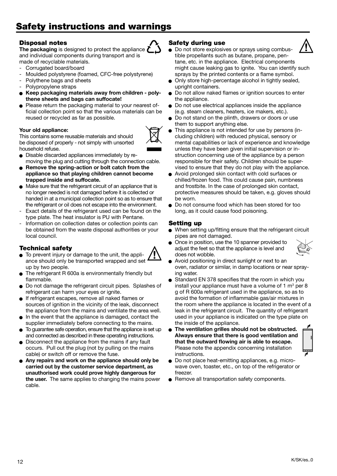 Liebherr 7082 218-03 Safety instructions and warnings, Your old appliance, Ventilation grilles should not be obstructed 