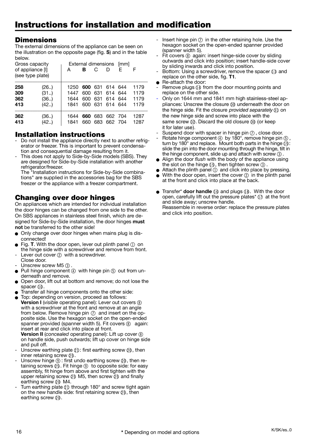 Liebherr 7082 218-03 manual Instructions for installation and modification, Dimensions, Installation instructions 