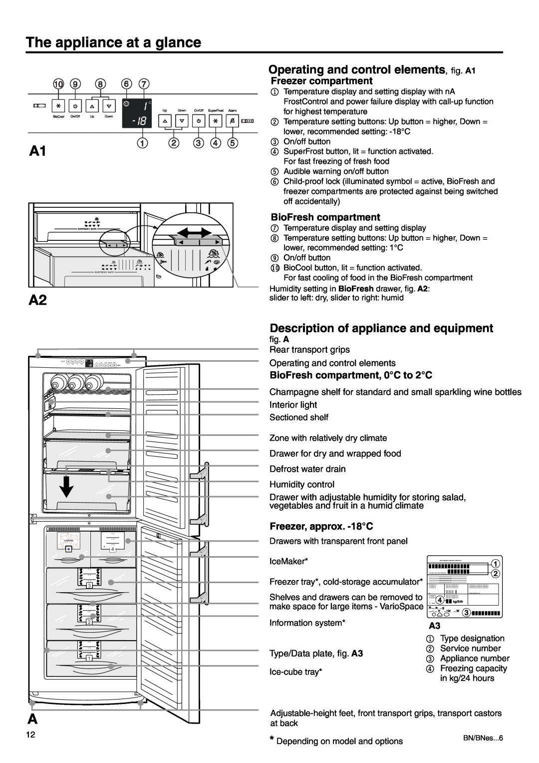 Liebherr 7082 218-03 manual The appliance at a glance, Operating and control elements, ﬁg. A1, Freezer compartment 