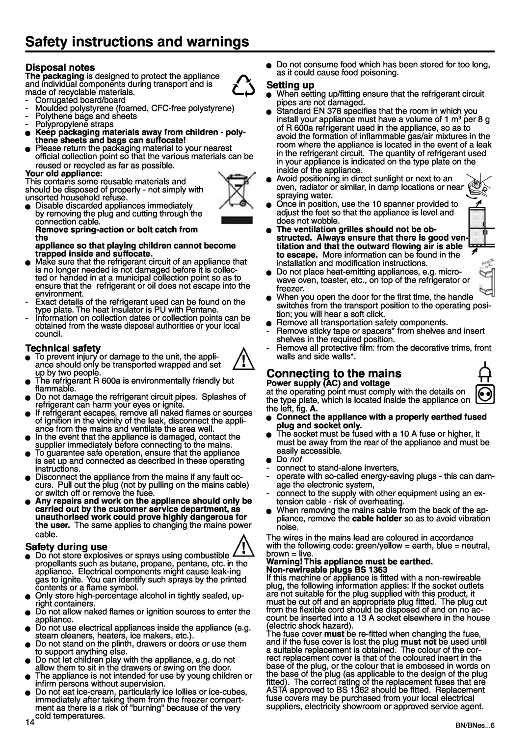 Liebherr 7082 218-03 manual Safety instructions and warnings, Connecting to the mains, Disposal notes, Technical safety 