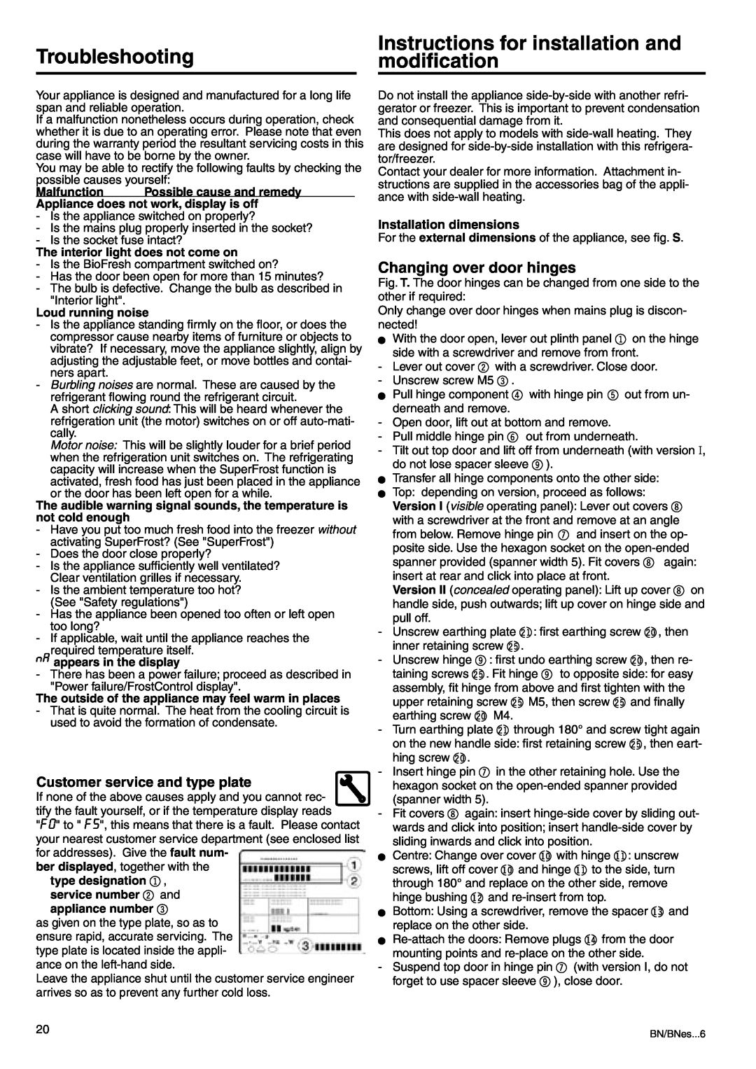 Liebherr 7082 218-03 manual Troubleshooting, Instructions for installation and modiﬁcation, Changing over door hinges 