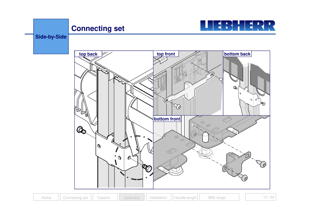 Liebherr 7082 218-03 Connecting set, Side-by-Side, top back, top front, bottom back, bottom front, Home, Castors, Assembly 
