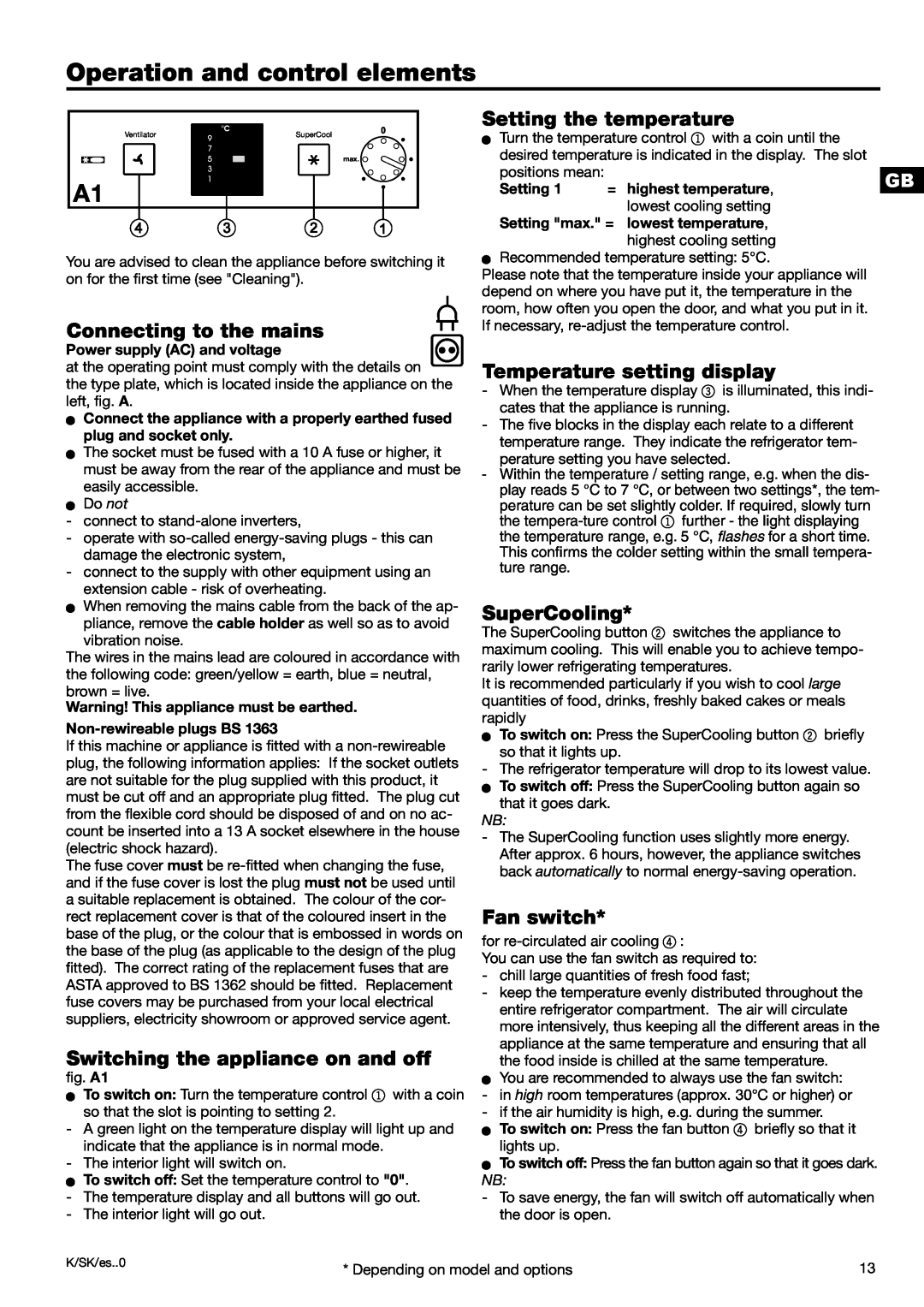 Liebherr 7082 218-03 manual Operation and control elements, Connecting to the mains, Switching the appliance on and off 