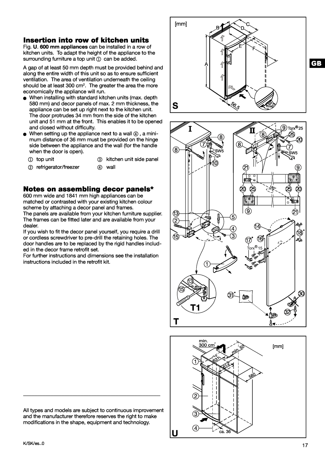 Liebherr 7082 218-03 manual Insertion into row of kitchen units, Notes on assembling decor panels 